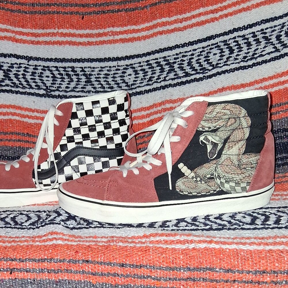 Vans Red and Black Checkered High-Top Sneakers With Snake Decal